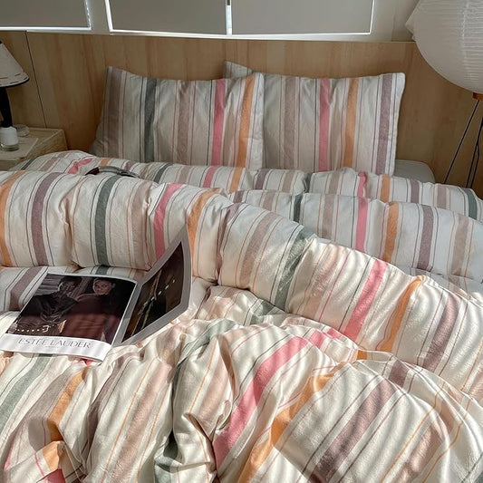Multicolor Striped Duvet Cover Twin, 100% Washed Cotton Colorful Stripes Pattern Printed Bedding Set, 3 Pieces Soft Breathable Comforter Cover with Zipper Closure, Retro Striped Farmhouse Bedding Set