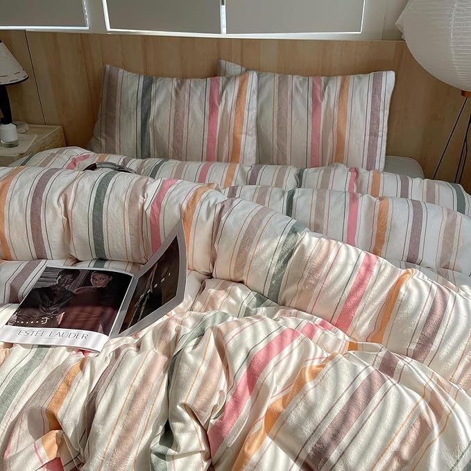 LifeTB Striped Duvet Cover Set King, 100% Washed Cotton Multicolor Stripes Pattern Printed Comforter Cover, Farmhouse 3 Pieces Colorful Striped Bedding Set Breathable Duvet Cover with 2 Pillowcases