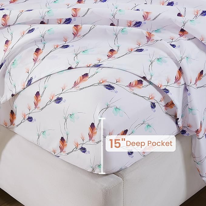 Softan Floral Full Sheet Set, Cozy Microfiber Pastel Blooms Printed Fitted Bed Sheet with 15" Deep Pockets & Non-Slip Straps, Feather Patterned Sheets & Pillowcase Set
