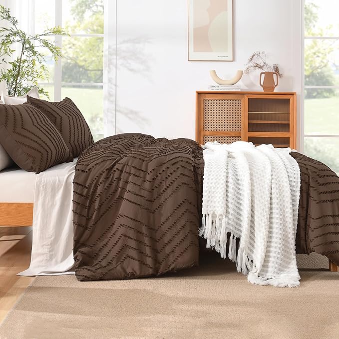 Litanika Oversized King Comforter Set Super King Size 120x120, 3 Pieces Brown Chevron Tufted Solid Bedding Comforter Sets, Fluffy Bed Set