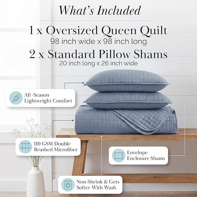 Southshore Fine Living, Inc. Queen Quilt Set, Full Size Bedspread with 2 Matching Pillow Shams, Soft Microfiber Lightweight Quilts, Queen Size Coverlet, Easy Care Machine Washable, Slate Blue