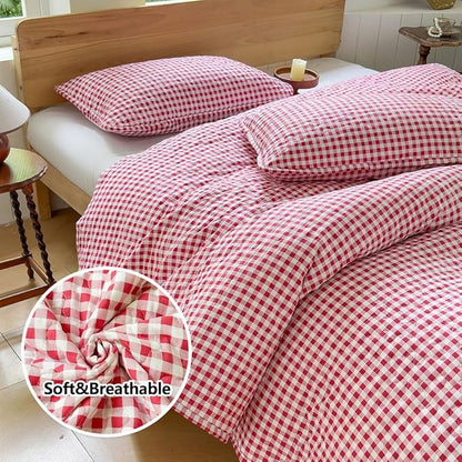 NSNLGSGC Red Gingham Queen Quilt Set, Soft Pre-Washed Microfiber Red Plaid Queen Bedspread, Lightweight Checked Summer Quilt, Grid Bedding Coverlets for All Seasons (Includes 1 Quilt, 2 Pillow Shams)