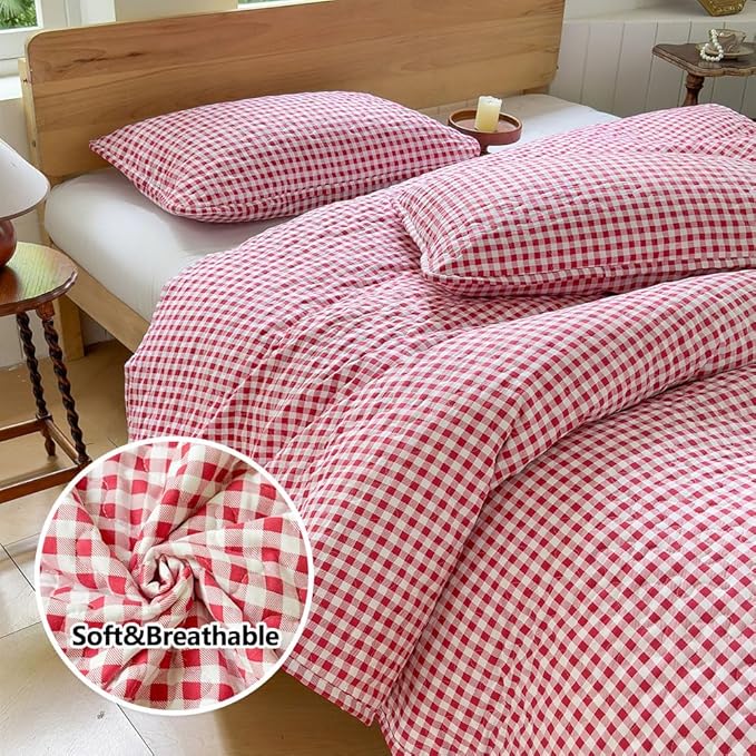NSNLGSGC Red Gingham Twin Quilt Set, Soft Pre-Washed Microfiber Red Plaid Twin Bedspread, Lightweight Checked Summer Quilt, Grid Bedding Coverlets for All Seasons (Includes 1 Quilt, 1 Pillow Sham)
