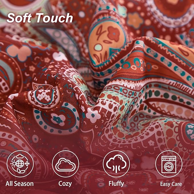 DJY Red Paisley Comforter Set California King Size, 7 Piece Bed in a Bag Boho Paisley Pattern Comforter Set, Soft Lightweight Microfiber Reversible Bedding Set for All Season (106''x96'')