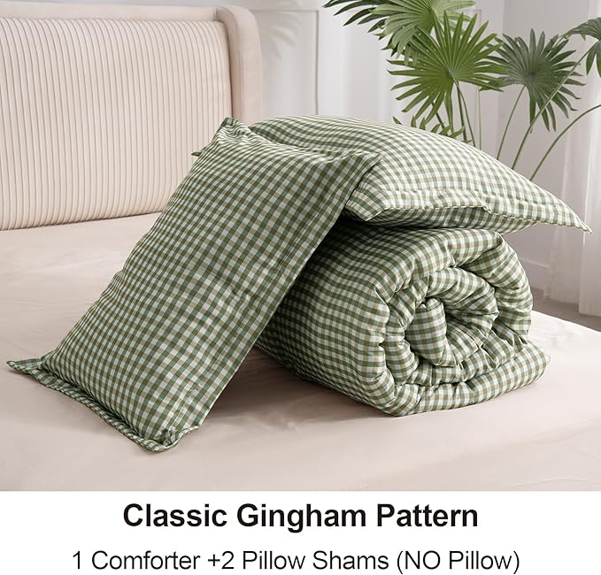 Full Comforter Set, Modern Plaid Checkered Bedding, Green Gingham Brown Grid Bed Comforter, Soft Fluffy Breathable Farmhouse Dorm Bedding, All Seasons 3 Piece Set | gingham