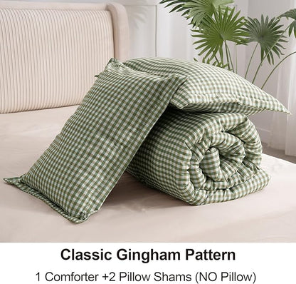 Full Comforter Set, Modern Plaid Checkered Bedding, Green Gingham Brown Grid Bed Comforter, Soft Fluffy Breathable Farmhouse Dorm Bedding, All Seasons 3 Piece Set | gingham