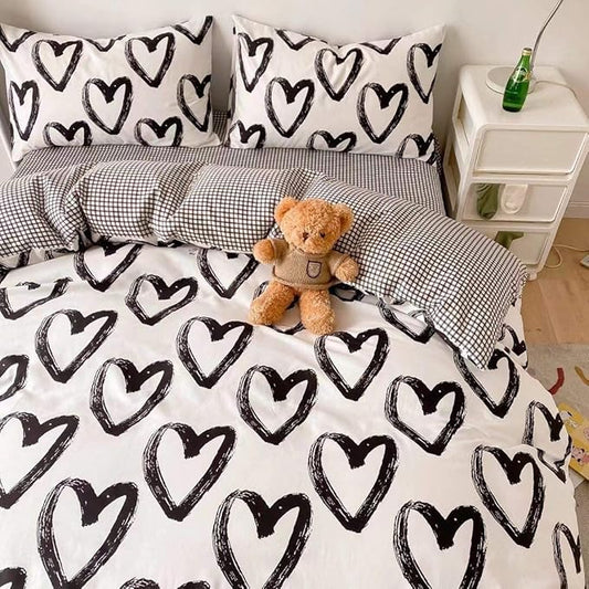 Houseri Love Comforter Set Twin Heart Shaped Bedding Sets White and Black Comforter for Toddlers Boys Girls Love Heart Bedding Comforters Twin Size