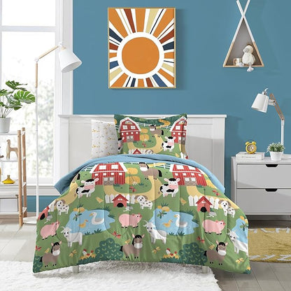 Dream Factory Kids 5-Piece Complete Bed Set Easy-Wash Super Soft Microfiber Comforter Bedding, Twin, Multi Barnyard Animals