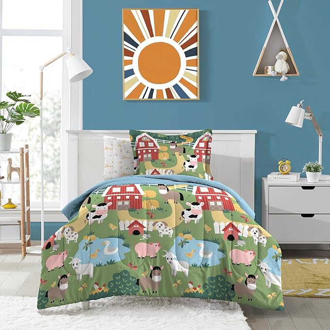 Dream Factory Kids 7-Piece Complete Bed Set Easy-Wash Super Soft Microfiber Comforter Bedding, Full, Multi Barnyard Animals