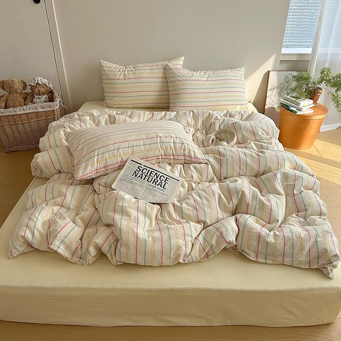 EAVD Vintage Colorful Striped Comforter Set Full Soft Cotton 3-Piece Retro Vertical Striped Bedding Set with 2 Pillowcases Boho Geometric Comforter Set for All-Season(Pink&Yellow&Blue, Full)