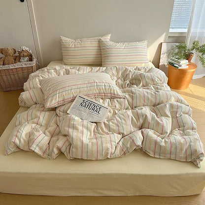 EAVD Vintage Colorful Striped Comforter Set Full Soft Cotton 3-Piece Retro Vertical Striped Bedding Set with 2 Pillowcases Boho Geometric Comforter Set for All-Season(Pink&Yellow&Blue, Full)
