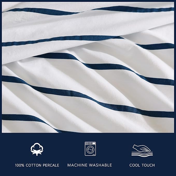 Nautica - King Sheet Set, Cotton Percale Bedding Set, Crisp & Cool, Lightweight & Breathable (Brenton Stripe Navy Blue, King)