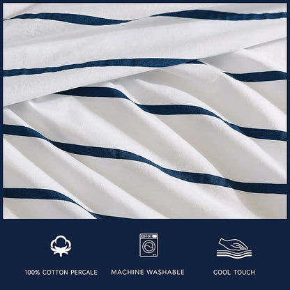 Nautica - Full Sheet Set, Cotton Percale Bedding Set, Crisp & Cool, Lightweight & Breathable (Brenton Stripe Navy Blue, Full)