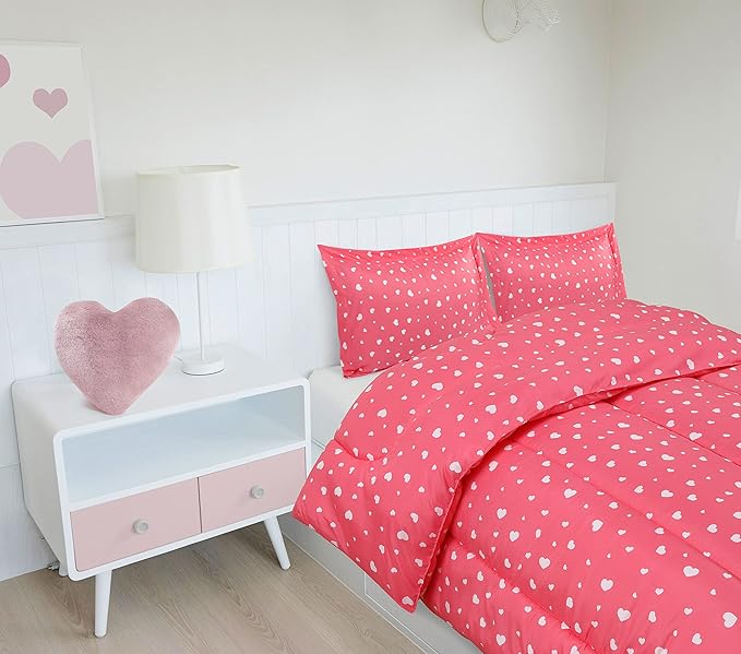 Utopia Bedding Heart Pink Kids Comforter Set with 2 Pillow Shams, 3 Piece Soft Microfiber Twin Bed Comforter with Pillow Shams, Printed Kids Bedding for Boys and Girls, Breathable,Easy Care