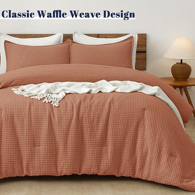 PHF Ultra Soft Waffle Weave Comforter Set King Size, 3 Pieces Lightweight Breathable Comfy Bedding Set, Comfy Textured 1 Comforter with 2 Pillow Shams, Terra Cotta