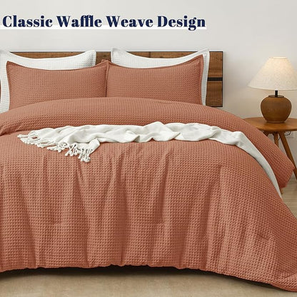 PHF Ultra Soft Waffle Weave Comforter Set Queen Size, 3 Pieces Lightweight Breathable Comfy Bedding Set, Comfy Textured 1 Comforter with 2 Pillow Shams, Terra Cotta