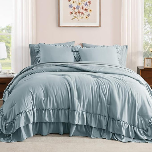 Full Comforter Set Dusty Blue, Ruffle Shabby Chic Bedding Set Farmhouse 7 Pieces, All Season Fluffy Bed in a Bag with Sheets, Pillowcases & Shams