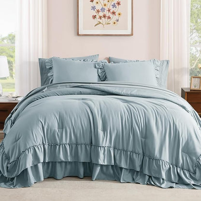 Queen Comforter Set Dusty Blue, Ruffle Shabby Chic Bedding Set Farmhouse 7 Pieces, All Season Fluffy Bed in a Bag with Sheets, Pillowcases & Shams