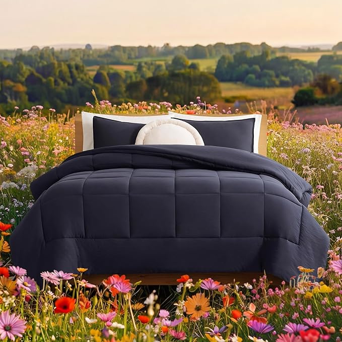 UGG Leonora Comforter Set with 2 Pillow Shams Lightweight Down Alternative Blanket Reversible Cozy Warm All Season Washable and Hypoallergenic Bedding Set, Full/Queen, Navy Blue