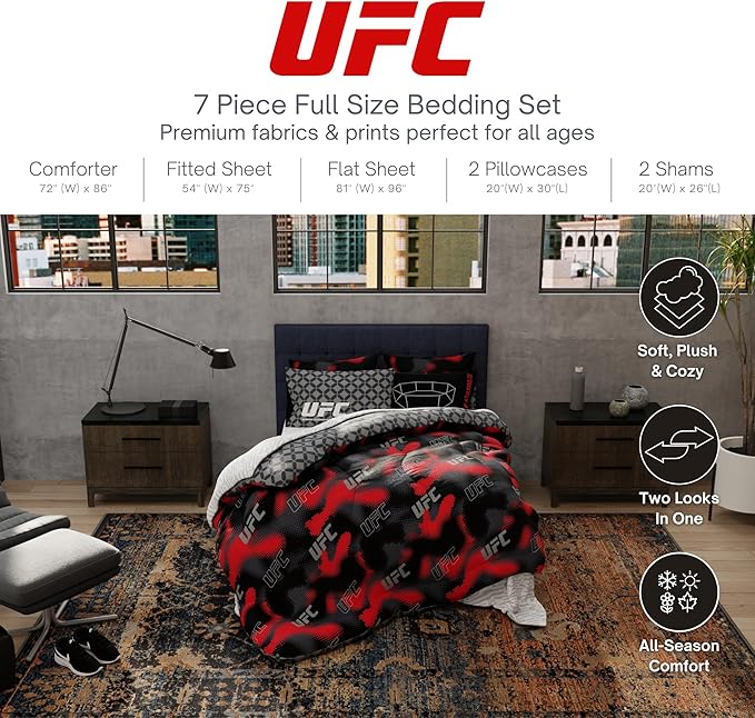 UFC Fight Night Bedding Set, Full Size 7 Piece Set Super Soft Cozy Reversible Comforter and Sheet Set with Sham, (100% Officially Licensed Product) by Franco