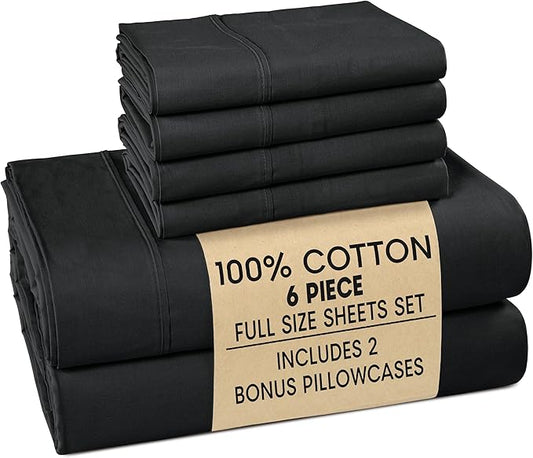 Casa Platino Sheets Full – 6 Piece Crisp Percale Weave Full Cooling Sheets with 15" Deep Pockets, Lightweight & Cool Feel for All Sleepers, Ultra Soft & Breathable for a Great Nights Sleep – Black