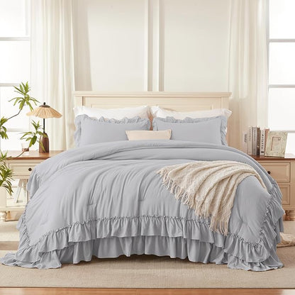 Andency Light Gray California King Comforter Set, 3 Pieces Lightweight Fluffy Farmhouse Shabby Chic Bedding Comforter Sets, Soft Polyester All Season Cal King Bed Sets(104x96Inch)