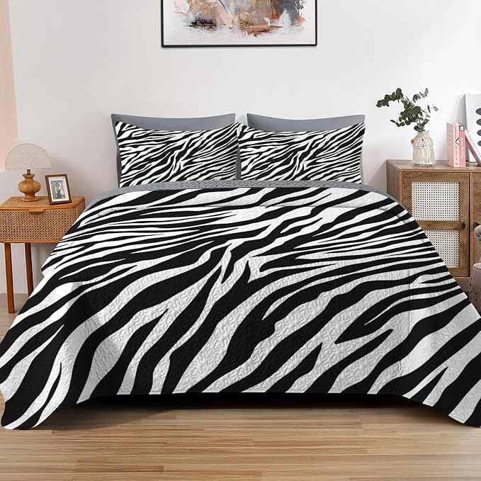 Quilt Set King Size, Zebra Stripe Animal 3 Pcs Soft Bed Cover Bedding Set for Kids and Adults, Black White Lightweight Bedspread Coverlet with Pillow Sham for All Season