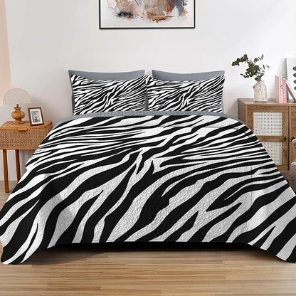 Quilt Set King Size, Zebra Stripe Animal 3 Pcs Soft Bed Cover Bedding Set for Kids and Adults, Black White Lightweight Bedspread Coverlet with Pillow Sham for All Season