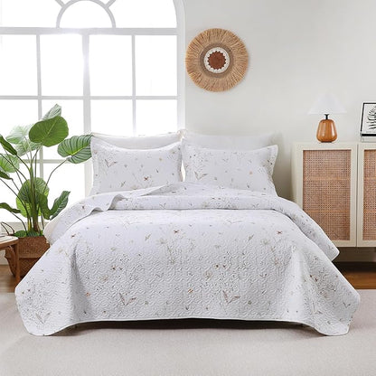 Queen Size Quilt Bedding Set, White Floral Quilt Lightweight Reversible Quilted Bedspreads Coverlets with 2 Pillow Shams for All Seasons (90"×90")