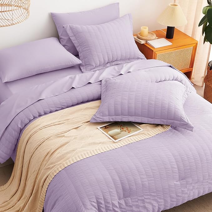 CozyLux Full Size Comforter Sets with Sheets 7 Pieces, Light Purple Seersucker Bed in a Bag Textured Luxury Soft Bedding Sets with Down Alternative Comforter, Sheets, Pillowcases & Shams, Lavender