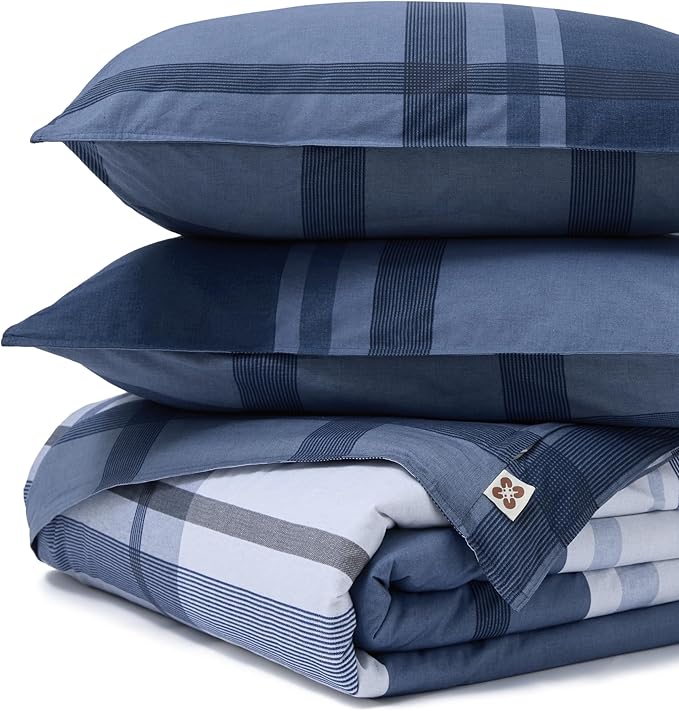 Bedsure Plaid Duvet Cover Queen Size - 100% Cotton Reversible Classic Navy Checkered Pattern Duvet Cover Set, 3 Pieces Soft & Breathable PureWoven Bedding Set with 2 Pillow Shams (Navy Plaid 90"x90")