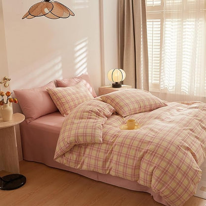EAVD Vintage Gingham Comforter Set Full Soft 100% Washed Cotton 3-Piece Pink Yellow Grid Plaid Checkered Pattern Bedding Set with 2 Pillowcases Retro Reversible Geometric Comforter Set for All-Season