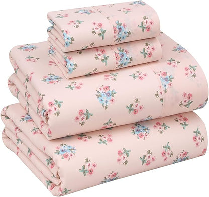 RUVANTI 100% Cotton Sheets – Queen Size Percale Bedding, Cooling & Breathable Floral Design, Durable with a Crisp, Soft & Comfortable Feel, 16" Deep Pocket, 4-Piece Set, Spring On