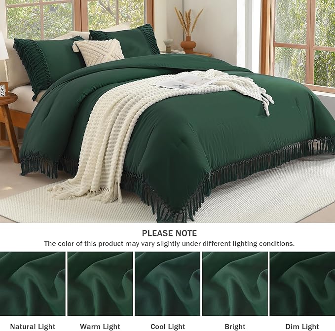 Andency Emerald Comforter Set California King, 3 Pieces Boho Tassel Lightweight Soft Bedding Comforter Sets for King Bed, All Season Fluffy Fringe Bed Set (104x96In Comforter & 2 Pillowcases)