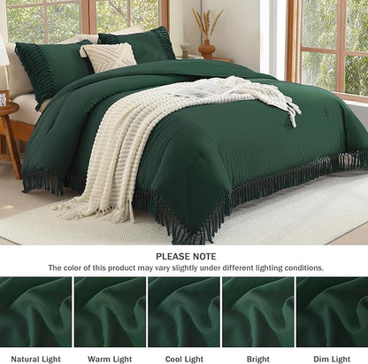 Andency Emerald Comforter Set California King, 3 Pieces Boho Tassel Lightweight Soft Bedding Comforter Sets for King Bed, All Season Fluffy Fringe Bed Set (104x96In Comforter & 2 Pillowcases)