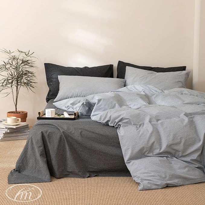 VM VOUGEMARKET Gray Striped Comforter Set Full,3 Pieces Washed Cotton Pinstripes Comforter with 2 Pillowcases for Teen Boys Men Simple Modern Bedding Set (80"x90")