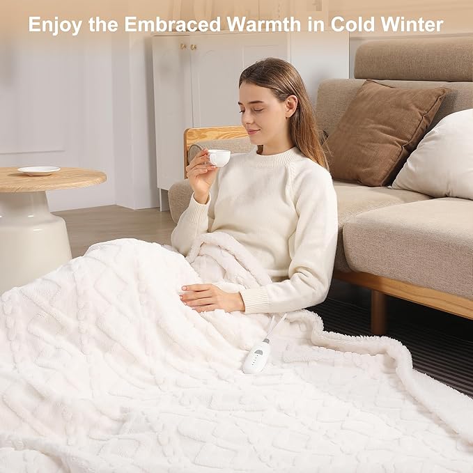 Electric Blanket Twin Heated Blanket 62''X84'' with 5 Heating Levels & 10 Hours Auto Off, ETL& FCC Certification Dual Sherpa Twin Heating Blanket Washable for Home/Office/Bed, Great Gift(White)