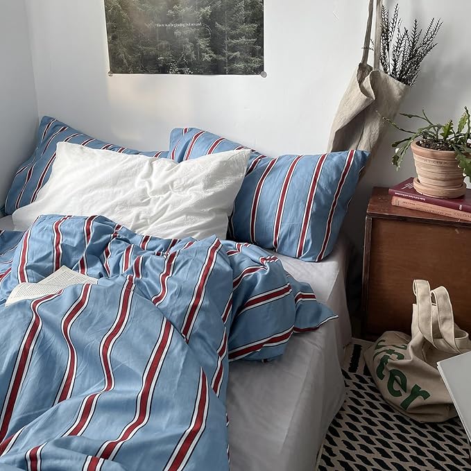 mixinni Vintage Striped Blue Duvet Cover Full - 100% Cotton Red Stripes 3-Piece Bedding Duvet Cover Set with Zipper Closure, Soft & Breathable Retro Design for All Seasons (Full Size)