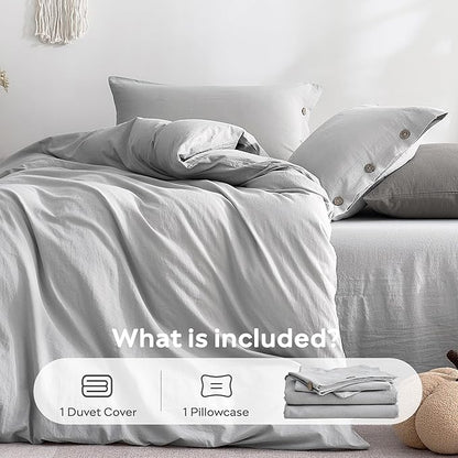 JELLYMONI 100% Washed Cotton Duvet Cover Twin – Soft, Breathable Linen-Look Bedding with Natural Wrinkle Texture, Button Closure, 2-Piece Set (Pale Grey, 68"x90")