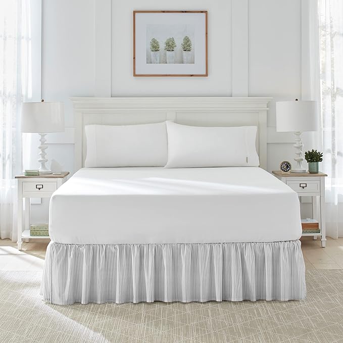 Laura Ashley Home - Twin Bedskirt, Cotton Ruffled Bedding, Smooth & Lightweight, Dorm Essentials, Oeko-Tex Certified (Ticking Stripe Grey)