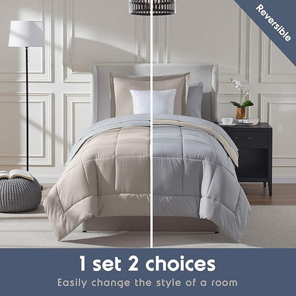 Nestl 5 Piece Twin XL Comforter Set – Beige Reversible Bed in a Bag – Complete Twin XL Size Bedding Set with Sheets, Pillowcase and Sham