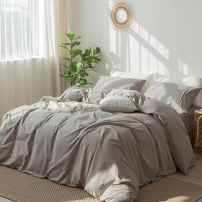 MooMee Bedding Duvet Cover Set 100% Washed Cotton Linen Like Textured Breathable Durable Soft Comfy (Heathered Brownish Grey, Super King Plus 120"x120")
