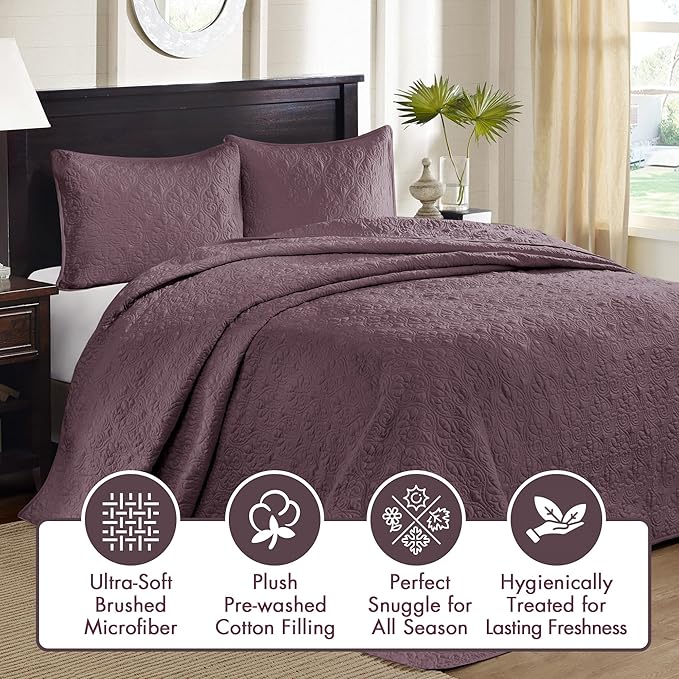 Madison Park Quebec Reversible Damask Design, Double Sided Quilting All Season, Lightweight Coverlet Bedspread Bedding Set, Matching Shams, Queen(102"x118"), Purple