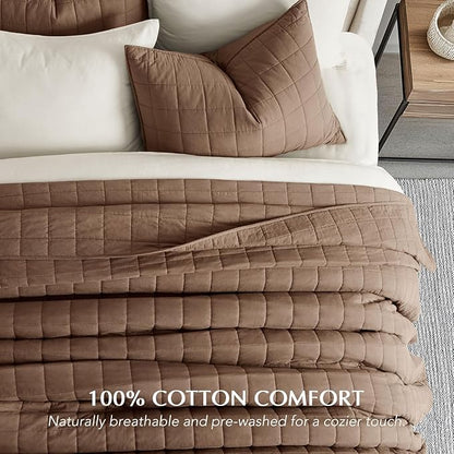 EVERGRACEHOME 100% Cotton Box Stitch Quilt Bedding Set King Size 3 Pieces, Garment-Washed Lightweight Soft Cozy Coverlet, Oversized Quilted Bedspread Sets with 2 Shams for All Season, Sienna Brown