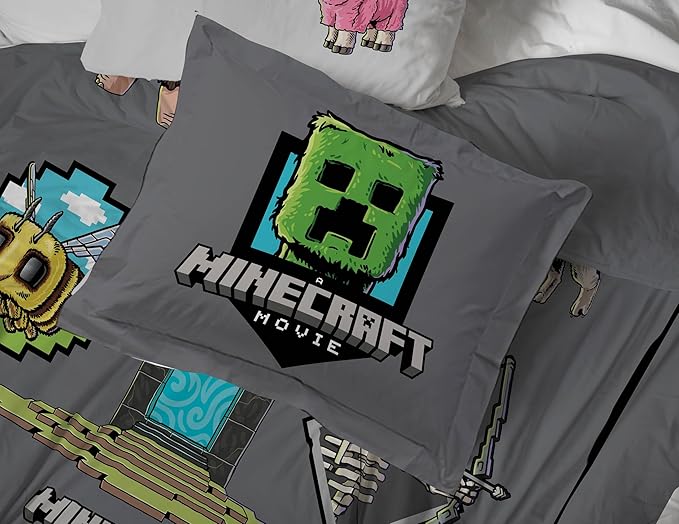 Jay Franco Kids Comforter Set Includes Sheets and Pillow Covers - Soft and Cozy Bed Set for Stylish Room Decor, Grey - Minecraft Movie, 5 Piece Twin Size Bedding