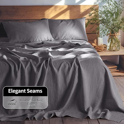 LBRO2M 100% Pure Linen Sheet Set Deep Pocket Up to 16" Bed Sheets Sets, Natural Flax Beddings Soft, Breathable, Comfortable for All Seasons Twin XL Size, Dark Grey