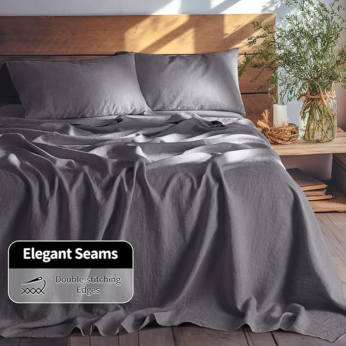 LBRO2M 100% Pure Linen Sheet Set Deep Pocket Up to 16" Bed Sheets Sets, Natural Flax Beddings Soft, Breathable, Comfortable for All Seasons 4 Pcs Sheet Set California Kin Size, Dark Grey