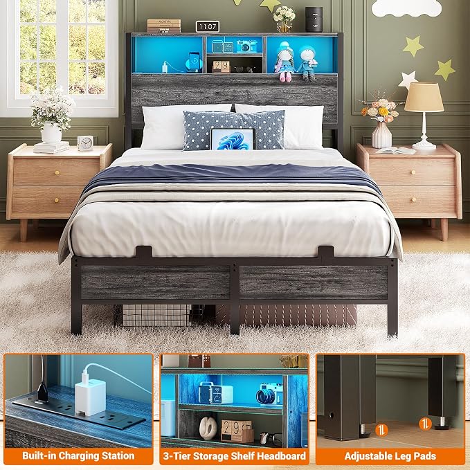 Aheaplus Headboard for Twin Size Bed with Storage, Headboards with Outlets | Twin Size Head Board Only, with USB Ports and LED Light, Height Adjustable, Reversible, Sturdy & Stable Headboard, Black Oak