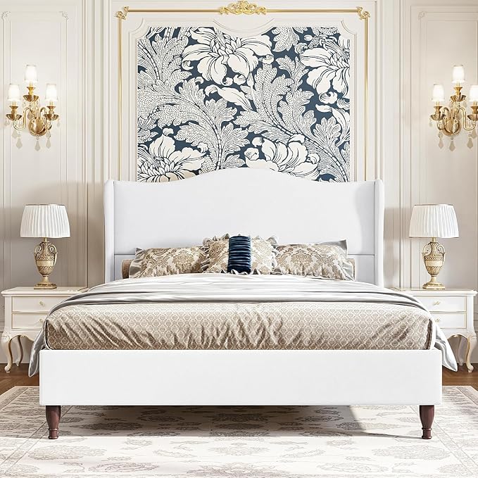 koorlian Queen Size Upholstered Bed Frame with 51'' Tall Headboard, White | Reinforced Platform Bed, Easy Assembly, Soft Fabric, Sleigh Wingback, Solid Wood Retro Legs, Noise-Free, Classic & Simple