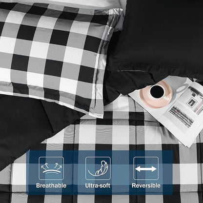downluxe Lightweight Plaid Comforter Set (Queen) with 2 Pillow Shams - 3-Piece Set - Black/White Plaid - Down Alternative Reversible Comforter